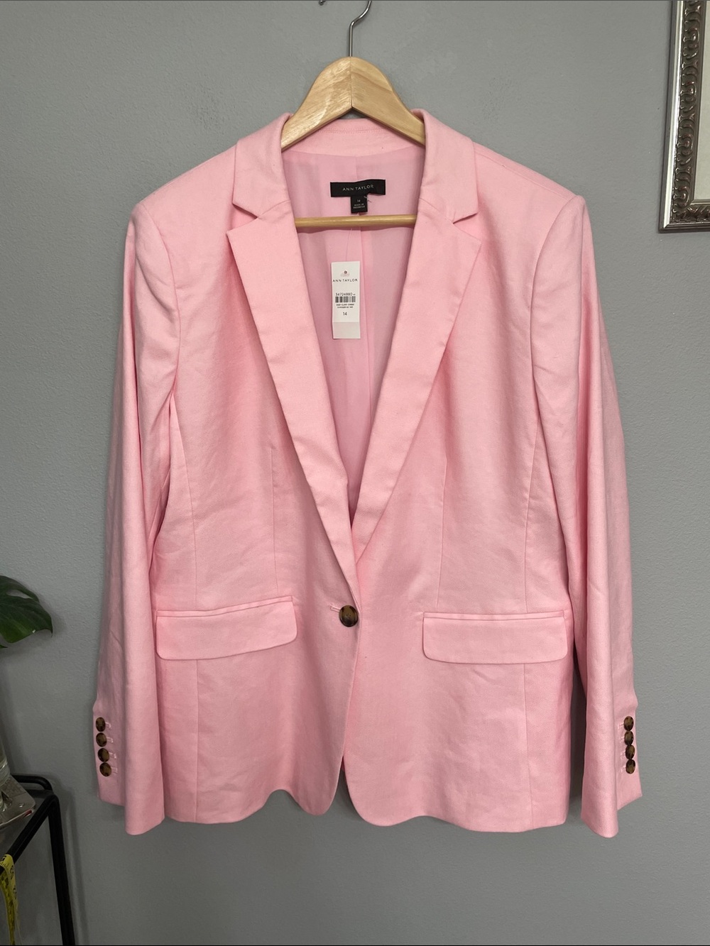 NWT Ann Taylor Light Pink Single-Button Linen Blend Tailored Blazer 14